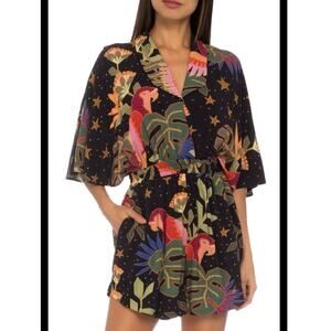 FARM Rio Black Tropical Parrot Print Romper